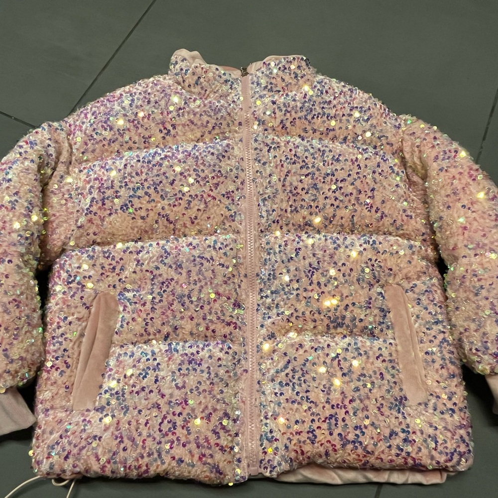 Lola + The Boys Glittering Rose Gold Pink Puffer Jacket
